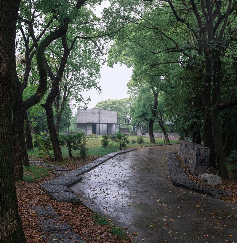 Concrete volume elevated among dense trees approached by a wet pathway with autumn leaves
