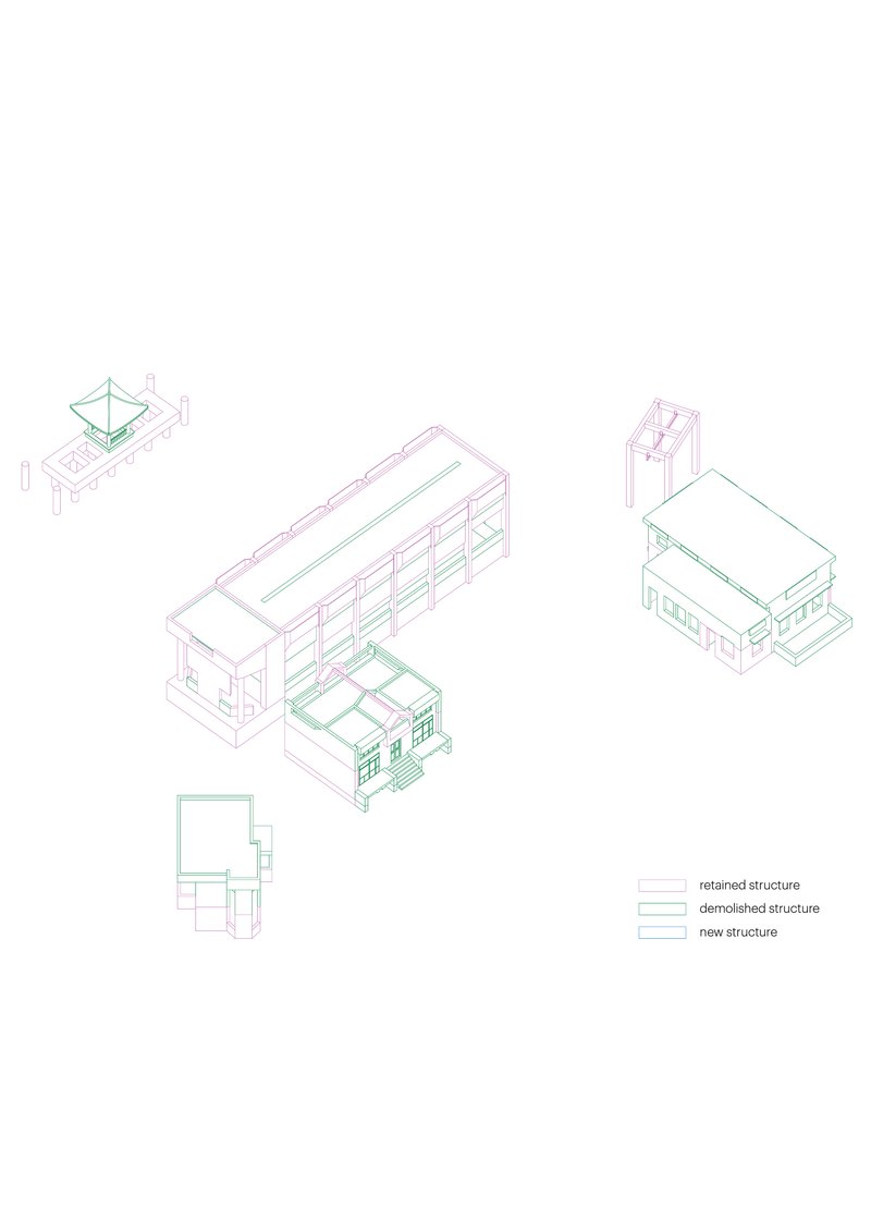 Axonometric drawing illustrating retained and new structures in color-coded outlines with detached volumes