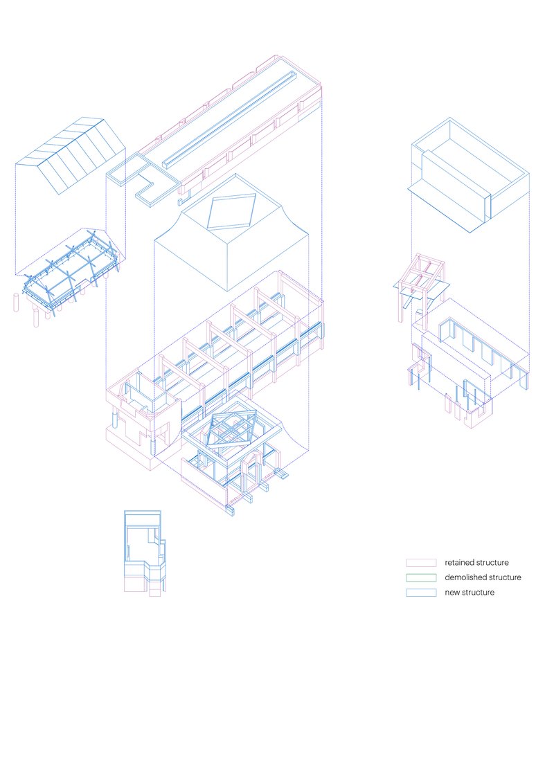 Exploded axonometric drawing displaying layered floor plates and roof structures in blue and purple linework