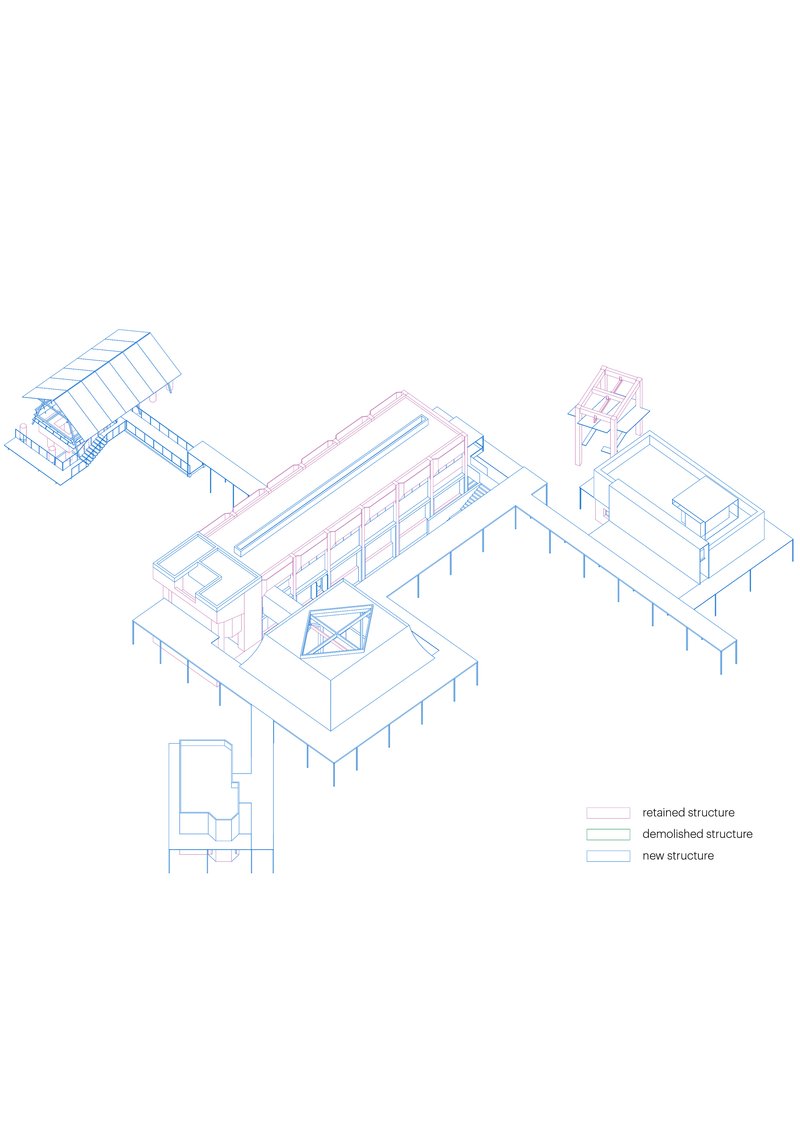 Axonometric drawing presenting assembled building volumes with raised floor platforms and central courtyard void