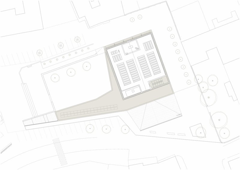 Floor plan drawing showing the building layout with worship hall and connecting entrance corridor