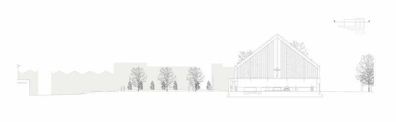 Elevation drawing showing a gabled volume with vertical cladding flanked by rows of bare deciduous trees