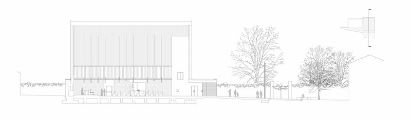 Section drawing depicting a tall gabled hall with exposed interior structure and adjacent bare trees