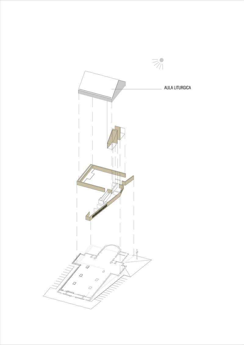 Exploded axonometric drawing illustrating three stacked levels including timber mezzanines and a ground floor plan