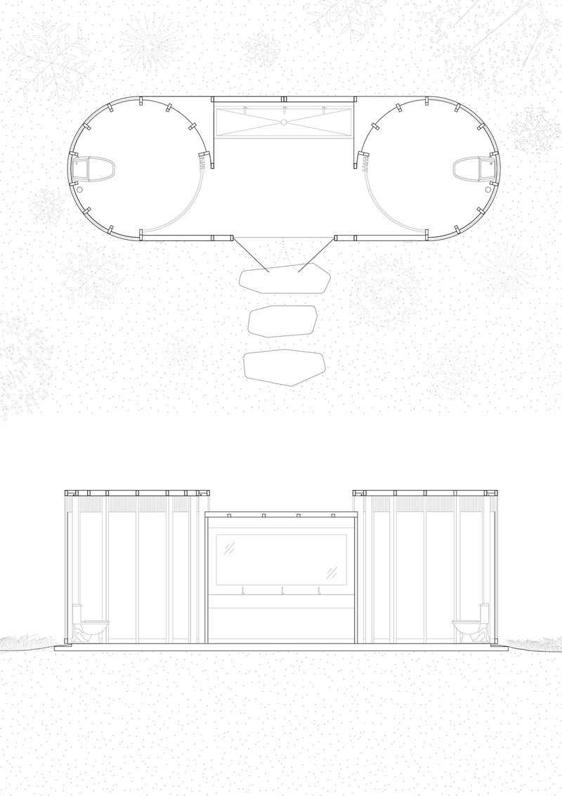 Floor plan and elevation drawing showing a capsule structure with two circular volumes flanking a central core