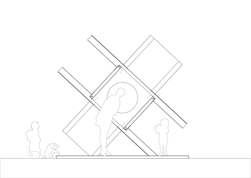 Elevation drawing showing tilted rectangular volumes with human figures and a dog at ground level