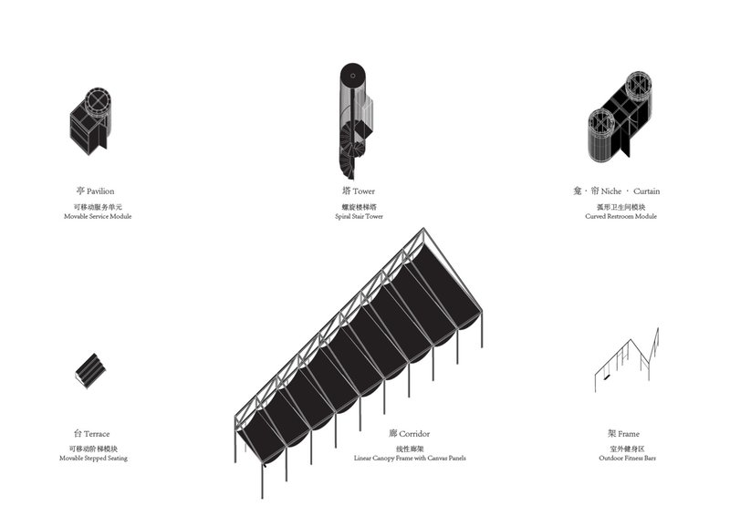 Axonometric drawing of modular building components including a spiral tower, curved canopy corridor, and pavilion modules
