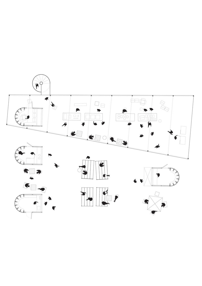 Composite site plan drawing showing multiple circular and rectangular modules with figures populating the interior and exterior zones