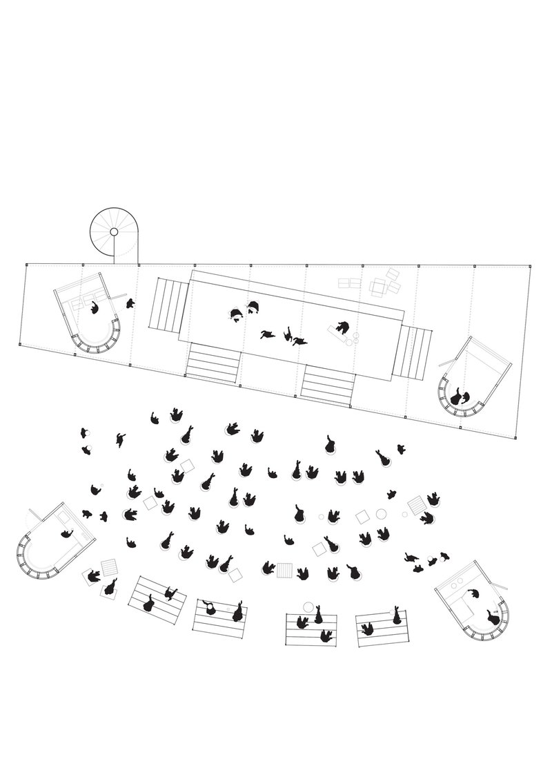Site plan drawing showing a linear building with dispersed seating and planted areas throughout the landscape