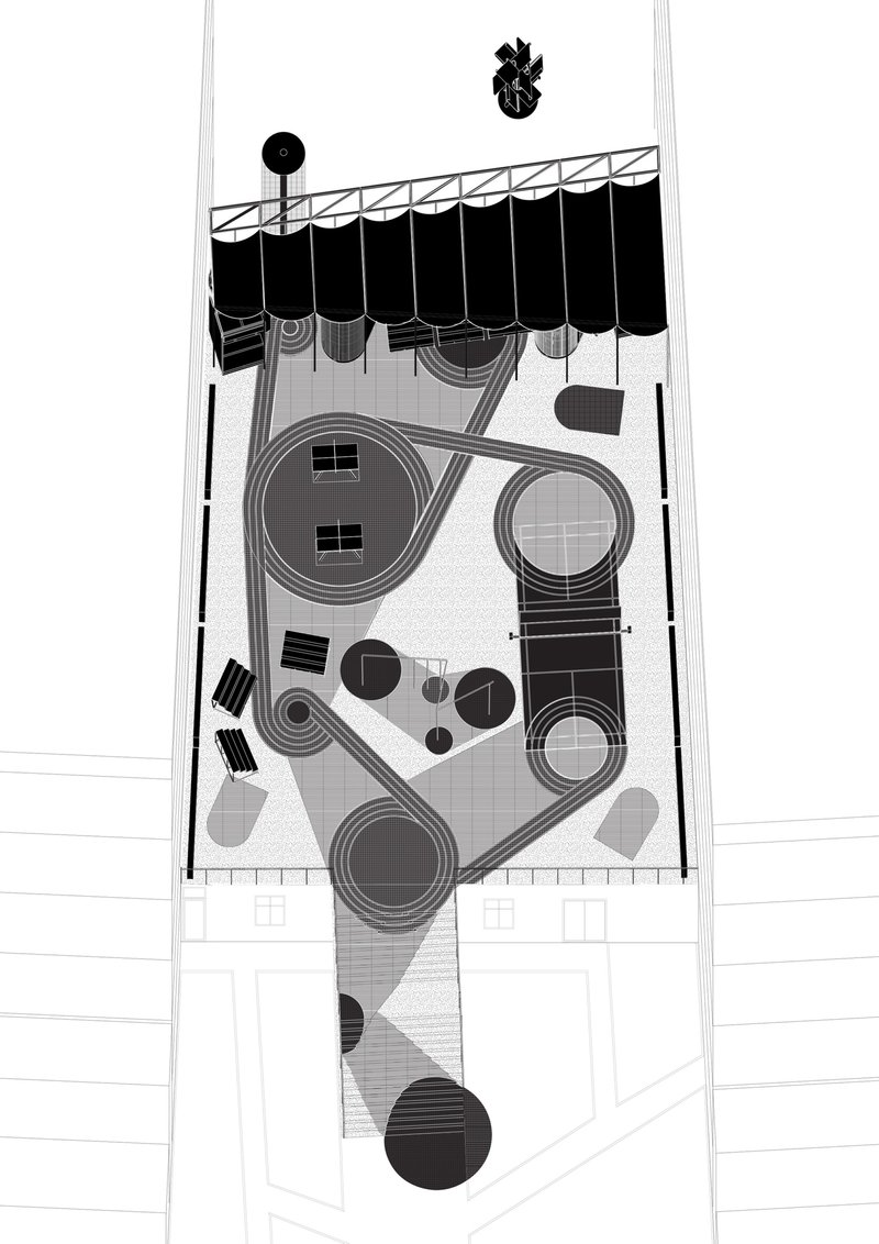 Roof plan drawing revealing circular pools, curved pathways and a cantilevered shade structure