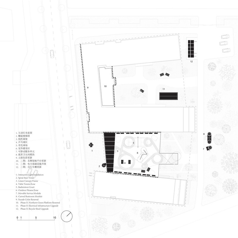 Site plan drawing showing two angled building volumes with courtyard and landscaped areas between them