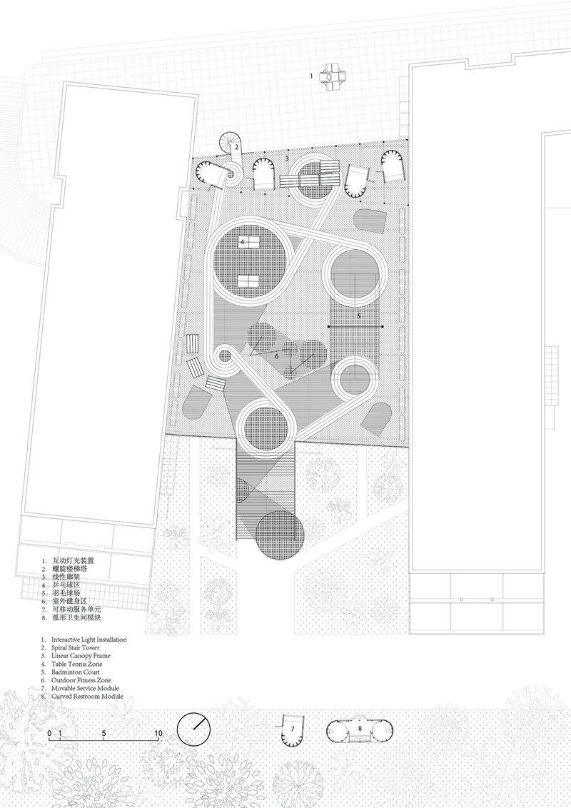 Roof plan drawing displaying circular and curvilinear play elements arranged across the upper courtyard surface