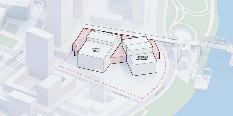 Axonometric diagram showing linking structures and circulation spaces connecting the performance hall volumes