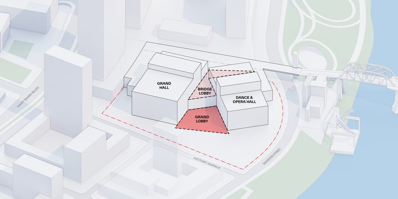 Axonometric diagram highlighting the triangular grand lobby between the two performance halls