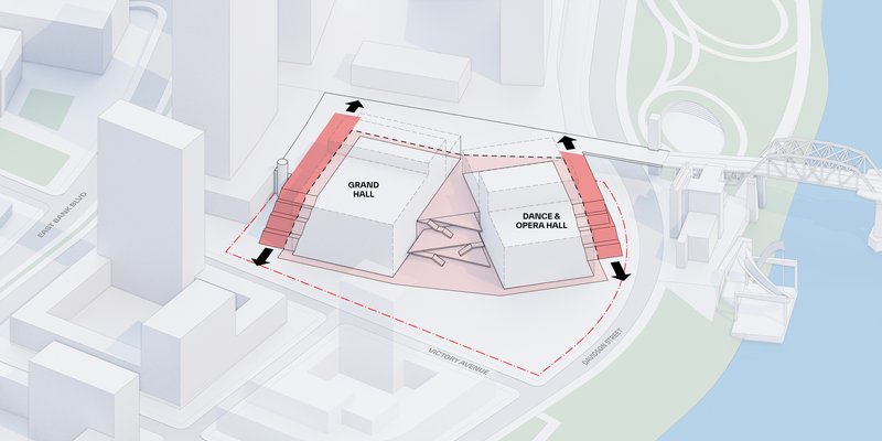 Site diagram showing the four corner circulation towers framing the central halls