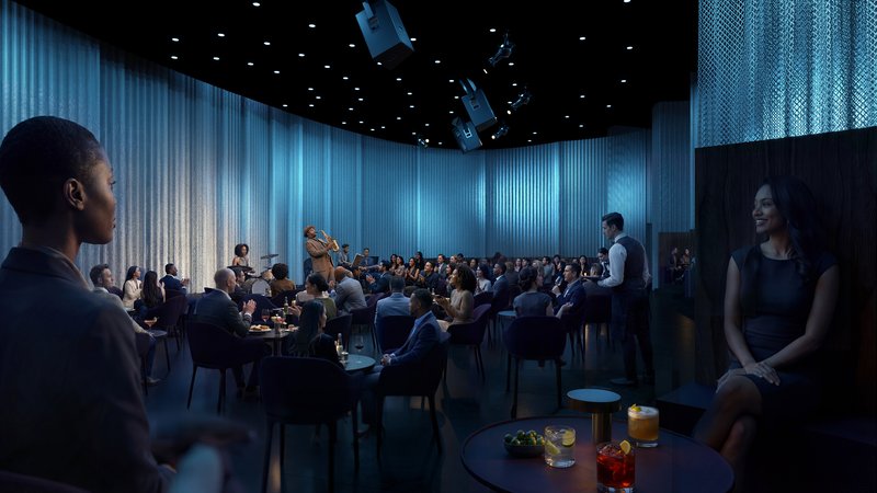 Banquet hall with translucent curtain walls, acoustic ceiling panels, and diners seated at dark tables
