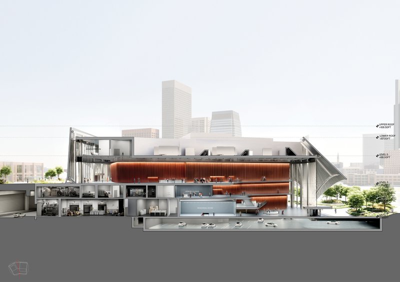 Section drawing showing multilevel interior spaces with a timber-clad auditorium volume and urban skyline beyond