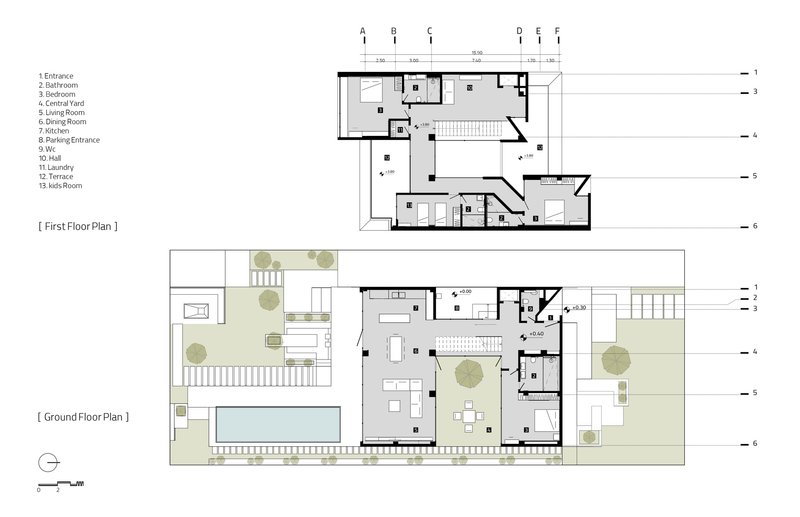 Ground and first floor plan drawings showing room layouts with courtyard pool and terraces