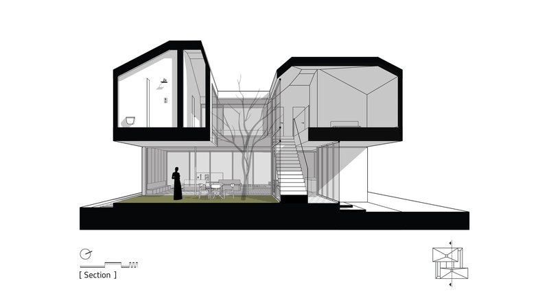 Section drawing showing two stacked volumes connected by a central stair around a tree