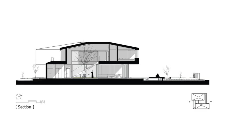 Section drawing showing the residence with trees on either side and figures on the ground plane