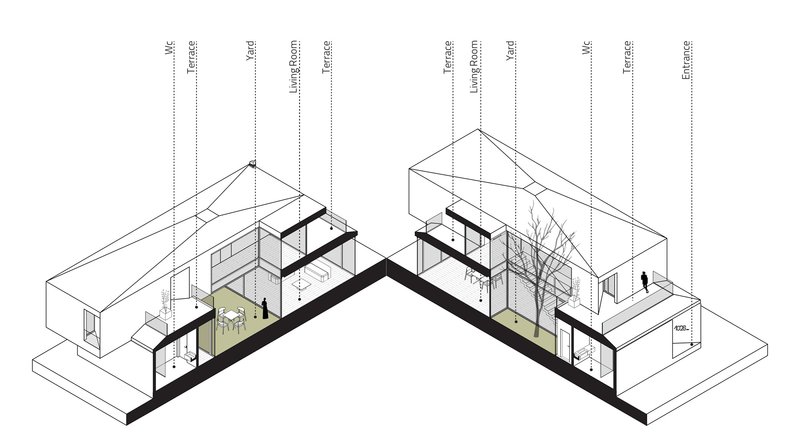 Axonometric drawing showing two angled wings with central courtyard space and a tree