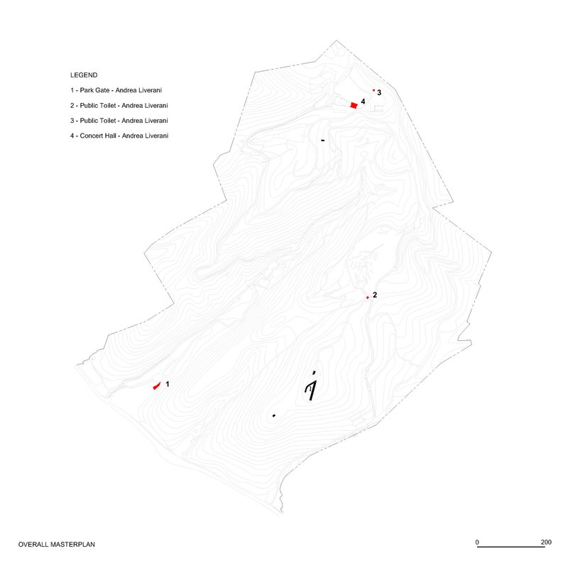Site plan drawing with topographic contours and numbered markers indicating structure locations