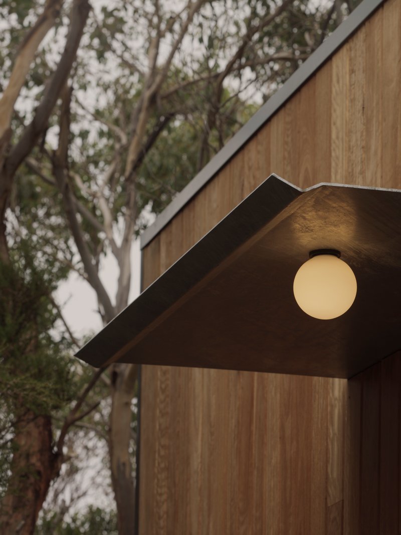 Detail of cantilevered metal canopy with circular light fixture against vertical timber cladding and tree canopy
