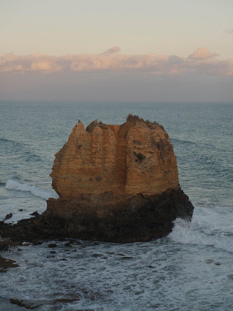 Coastal rock formation rising from the surf at dusk with a single bird perched on top
