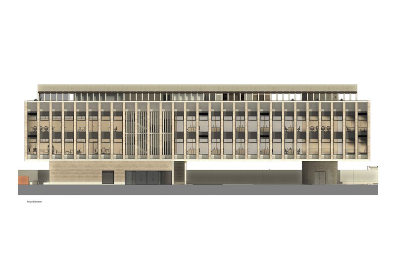 South elevation drawing showing a horizontal facade with glazed upper floors and solid masonry base