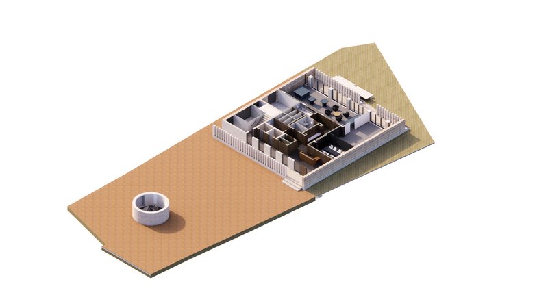 Axonometric cutaway revealing interior layout with courtyard and adjacent paved terrace