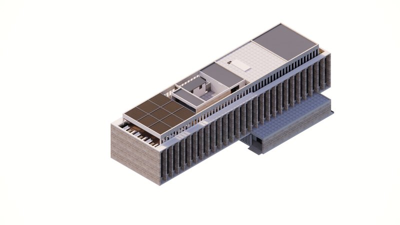 Axonometric drawing showing a linear building with vertical louvers and rooftop solar panels