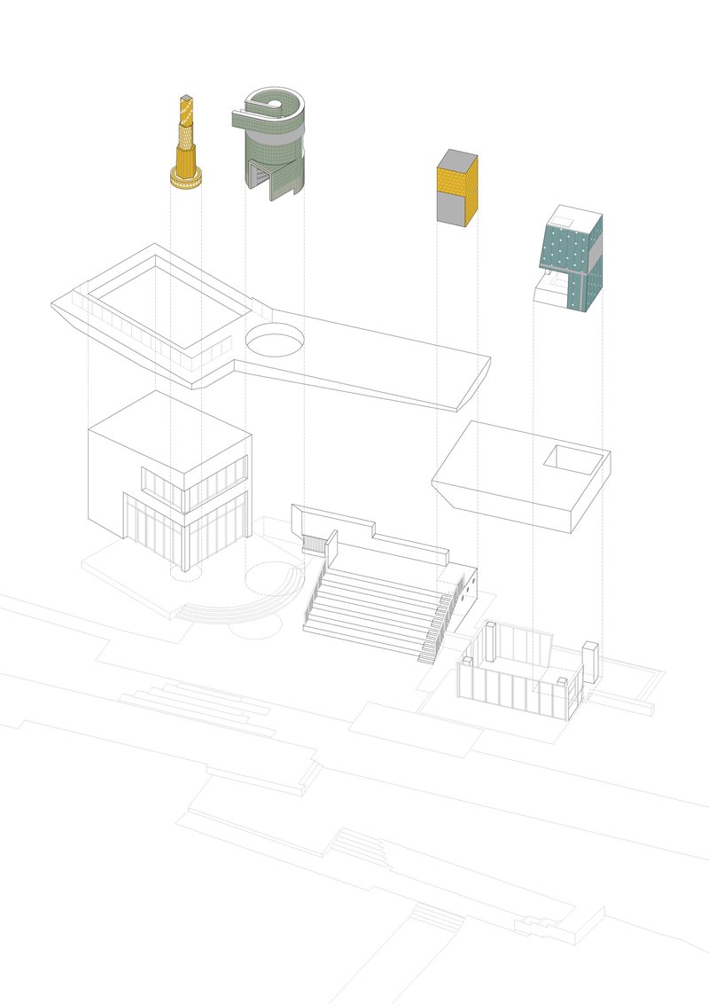 Exploded axonometric drawing showing building components separated vertically with materials highlighted in color