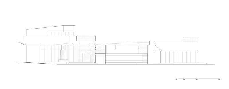 Elevation drawing displaying a horizontal composition of interconnected volumes with vertical slatted screens