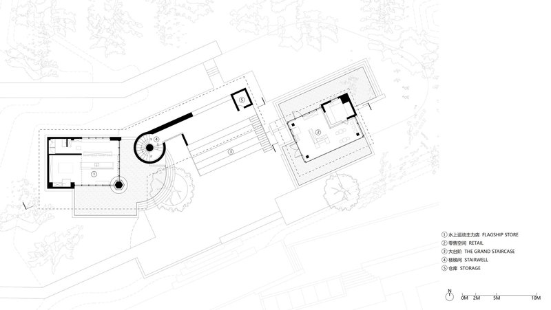 Site plan drawing showing three building volumes arranged among existing trees and pathways
