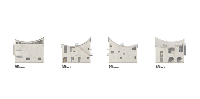 Elevation drawings of four facades showing arched openings and curved roofline with varied window placements