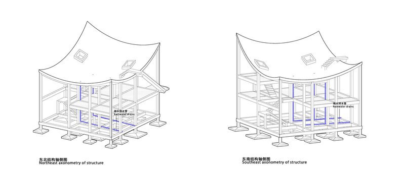 Axonometric diagrams revealing the structural framing system beneath the curved roof with symmetry annotations