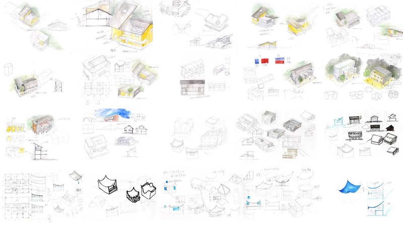 Collection of conceptual sketches showing various roof forms, sections, plans and axonometric studies with color highlights