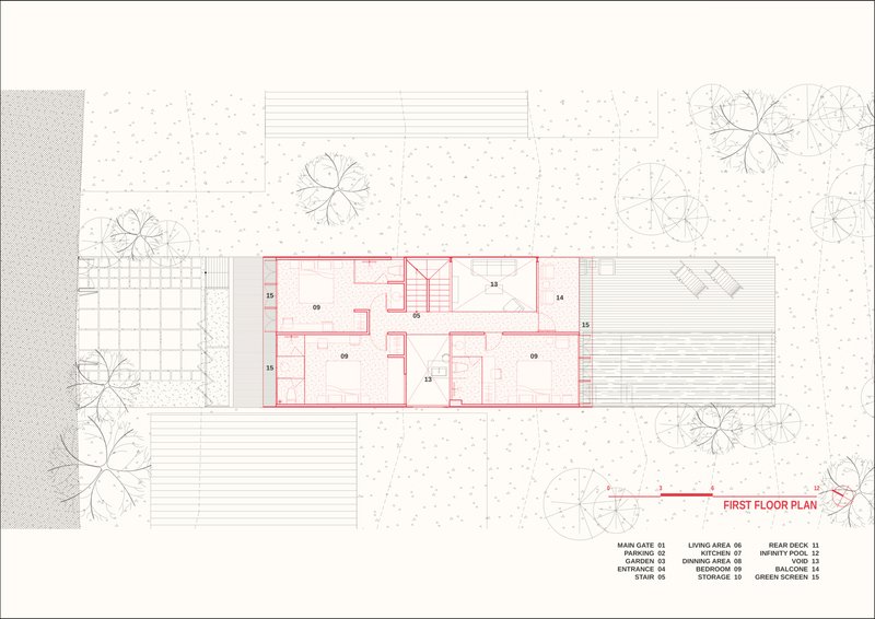 First floor plan showing bedroom layout with central stairwell and cantilevered balcony