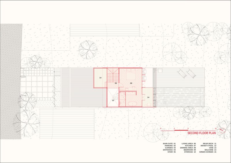 Second floor plan drawing showing bedroom spaces with central stair and surrounding decks and trees