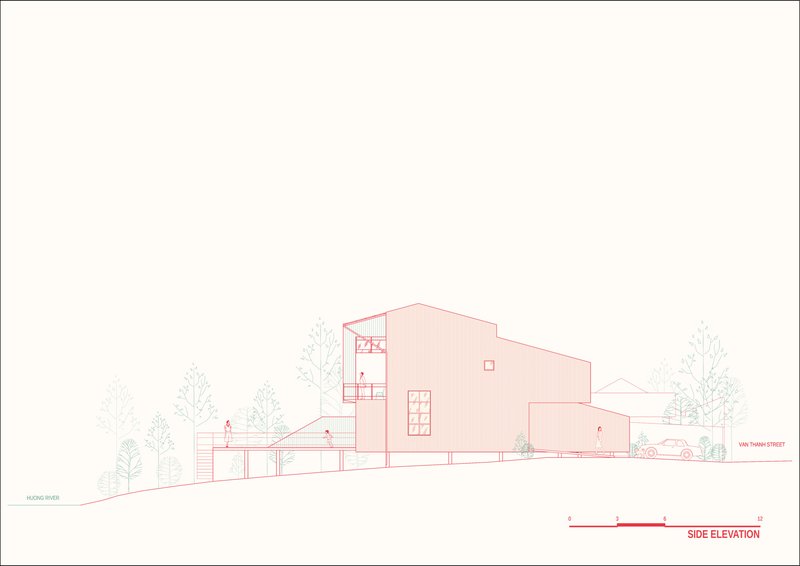 Side elevation drawing of a two-story residence with figures and trees on sloping terrain