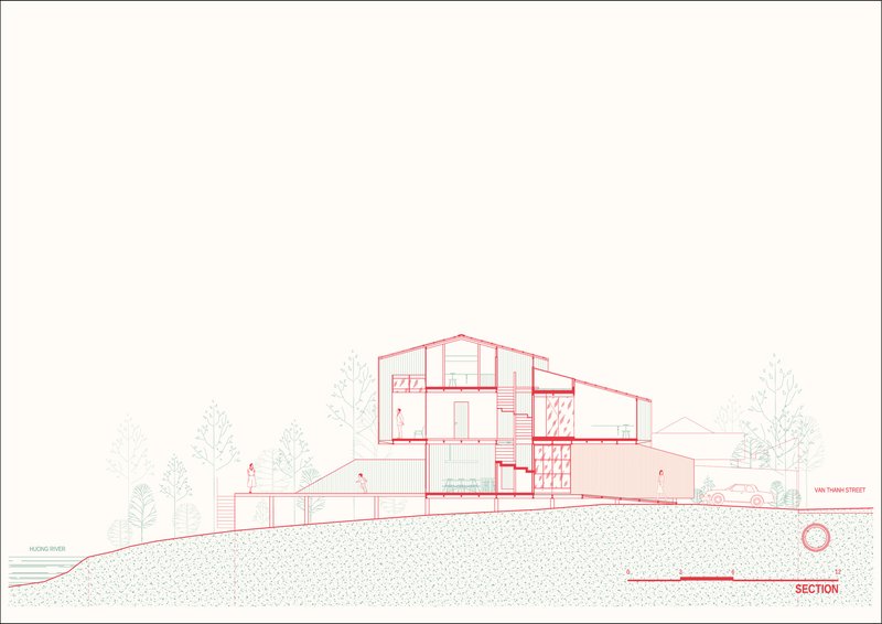 Section drawing revealing interior spatial volumes and circulation across multiple levels on a slope