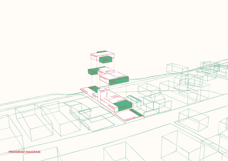 Axonometric program diagram highlighting stacked volumes in relation to surrounding neighborhood context