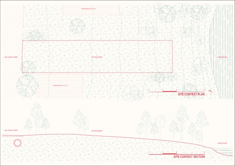 Site context plan and section drawing illustrating the building position relative to street and river