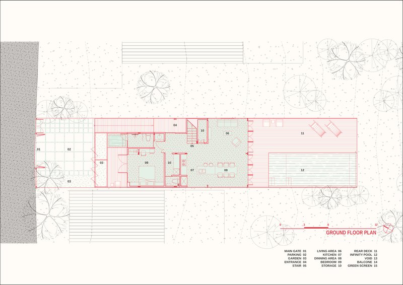 Ground floor plan showing the central courtyard with surrounding rooms and exterior decks