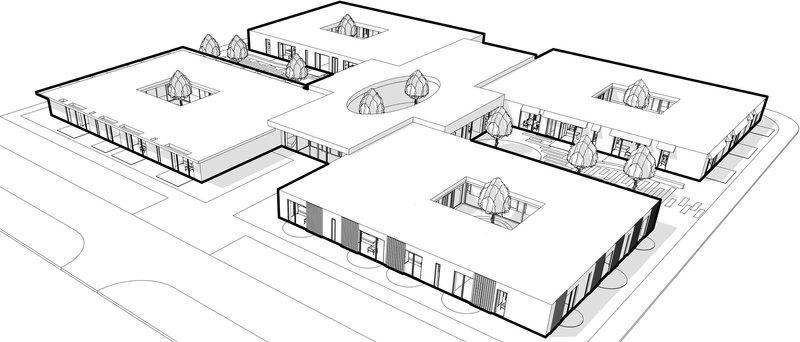 Axonometric drawing showing four flat-roofed volumes arranged around internal courtyards with trees