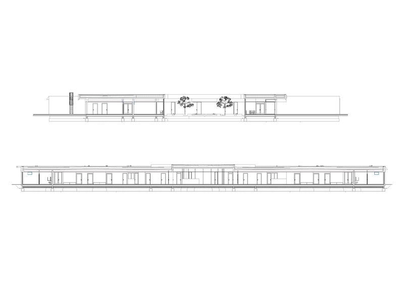 Section and elevation drawings showing the low-rise profile with flat roofs and courtyard trees