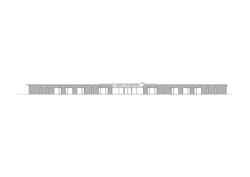Elevation drawing showing the long horizontal facade with evenly spaced window openings and a central entrance