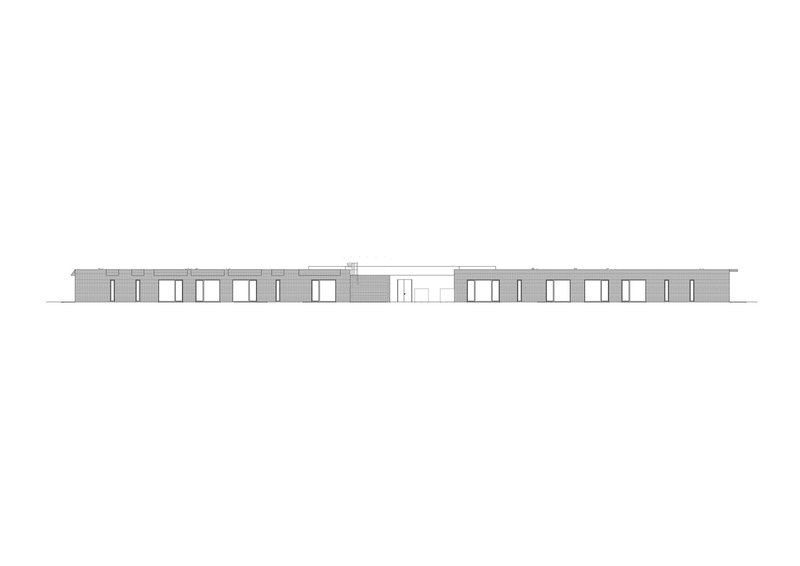 Elevation drawing showing the facade rhythm with alternating solid panels and window openings across the length
