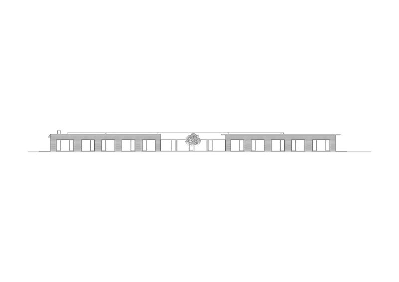 Elevation drawing showing a low horizontal building with flat roof and central tree element
