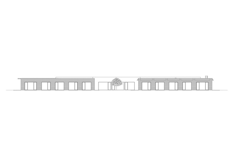 Elevation drawing depicting a symmetrical single-story structure with rhythmic window openings and central courtyard tree